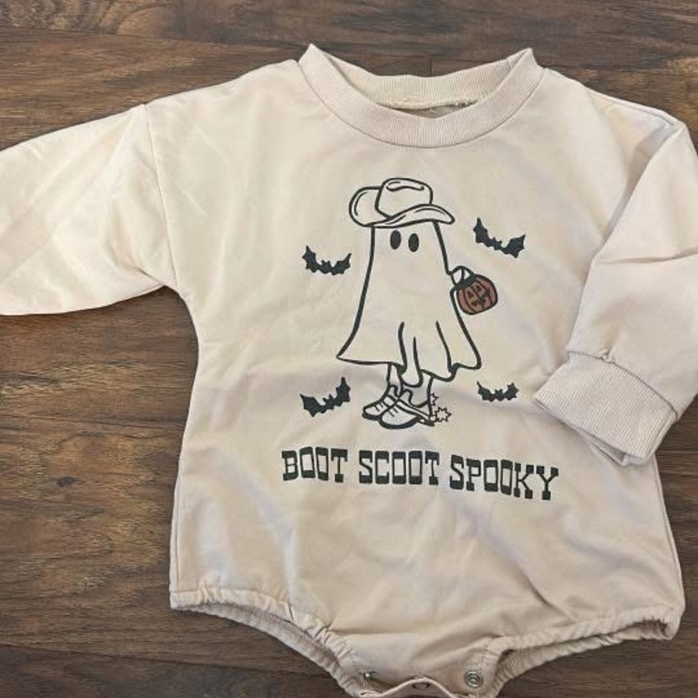Boot Scoot Spooky Ghost Graphic Baby Onesie - Beige